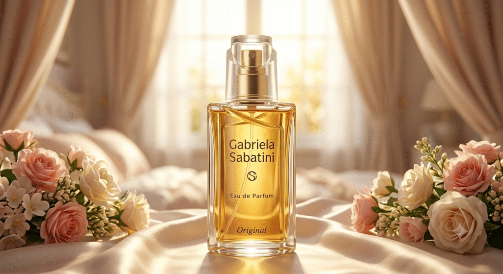 Perfume Gabriela Sabatini Preço: Quanto Custa em 2026 e Onde Encontrar as Melhores Ofertas 3 A beautifully arranged display of the "Fragrância Gabriela Sabatini Autêntica" perfume bottle, prominently featured in the foreground. The bottle's elegant design, with its sleek curves and golden accents, glistens softly under warm, diffused lighting. Surrounding the bottle, delicate white flowers symbolize femininity and grace, while hints of green foliage create a fresh atmosphere. In the middle ground, a soft, silky fabric in pastel colors adds texture, contrasting with the glass of the perfume bottle. The background features a subtle blurred scene of a bright, airy room, enhancing the inviting and luxurious mood. The overall ambiance of the image should evoke a sense of sophistication and appeal to the allure of the fragrance.