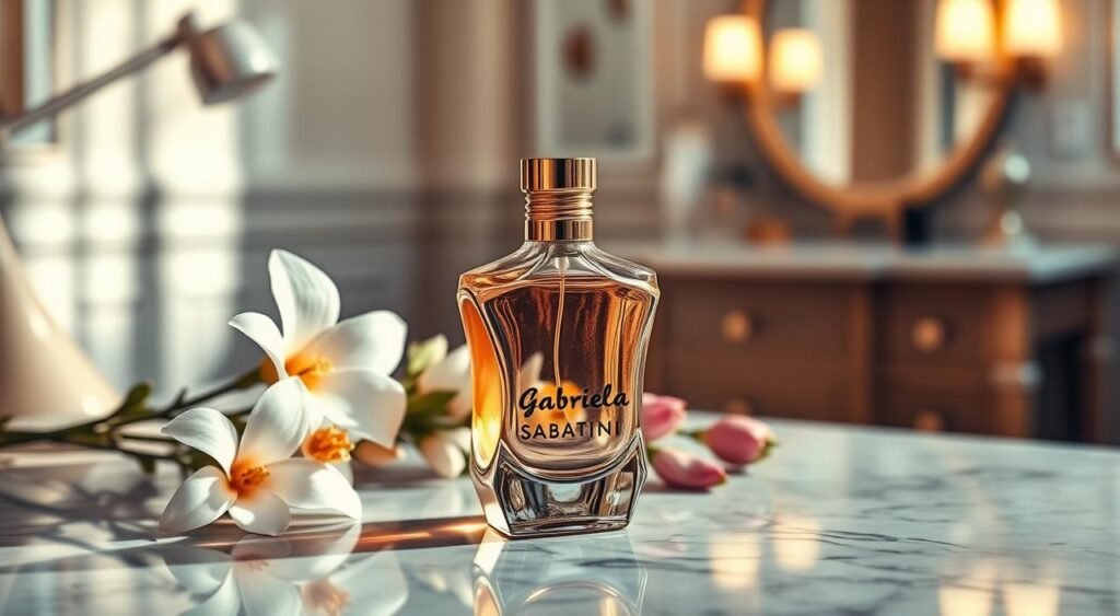A luxurious perfume bottle of Gabriela Sabatini sits elegantly on a marble countertop, reflecting soft, warm light. The bottle features a sleek, modern design with delicate curves and a golden cap, evoking a sense of sophistication. Surrounding it, a blurred bouquet of fragrant flowers, such as jasmine and orange blossom, hints at the floral notes of the perfume. In the background, a slightly out-of-focus vanity table with a stylish mirror captures the essence of femininity. The atmosphere is serene and inviting, suggesting a moment of indulgence. The lighting is soft, with a gentle glow that highlights the perfume's reflective surfaces, creating an intimate and luxurious feel. A luxurious perfume bottle of Gabriela Sabatini sits elegantly on a marble countertop, reflecting soft, warm light. The bottle features a sleek, modern design with delicate curves and a golden cap, evoking a sense of sophistication. Surrounding it, a blurred bouquet of fragrant flowers, such as jasmine and orange blossom, hints at the floral notes of the perfume. In the background, a slightly out-of-focus vanity table with a stylish mirror captures the essence of femininity. The atmosphere is serene and inviting, suggesting a moment of indulgence. The lighting is soft, with a gentle glow that highlights the perfume's reflective surfaces, creating an intimate and luxurious feel.
