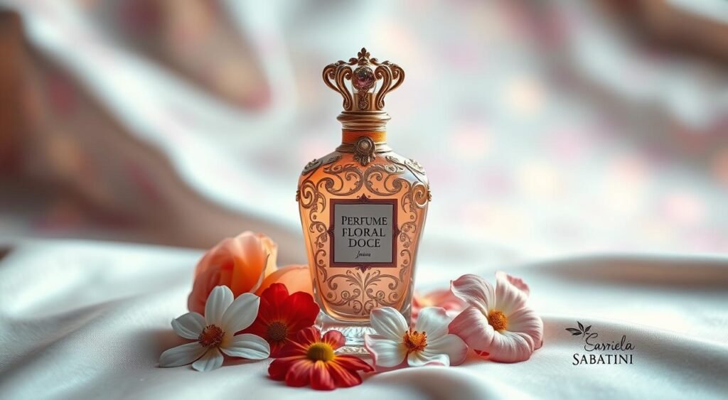 A visually captivating image of a luxurious perfume bottle, representing "Perfume Floral Doce" by Gabriela Sabatini, placed elegantly on a soft, silk fabric background. In the foreground, the bottle is ornate, showcasing intricate floral designs that reflect its sweet, floral essence. Light subtly illuminates the bottle, creating soft highlights and gentle shadows, enhancing its sophistication. Scattered around the base are vibrant flowers like jasmine and rose, symbolizing the fragrance's floral notes. In the background, a dreamy bokeh effect with pastel colors evokes a sense of calm and nostalgia. The overall atmosphere is enchanting and inviting, capturing the essence of a sweet, floral fragrance, ideal for an elegant and refined olfactory experience. A visually captivating image of a luxurious perfume bottle, representing "Perfume Floral Doce" by Gabriela Sabatini, placed elegantly on a soft, silk fabric background. In the foreground, the bottle is ornate, showcasing intricate floral designs that reflect its sweet, floral essence. Light subtly illuminates the bottle, creating soft highlights and gentle shadows, enhancing its sophistication. Scattered around the base are vibrant flowers like jasmine and rose, symbolizing the fragrance's floral notes. In the background, a dreamy bokeh effect with pastel colors evokes a sense of calm and nostalgia. The overall atmosphere is enchanting and inviting, capturing the essence of a sweet, floral fragrance, ideal for an elegant and refined olfactory experience.