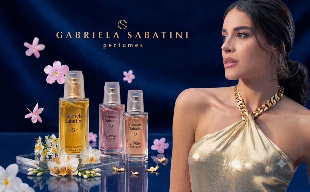 A beautifully arranged display of Gabriela Sabatini Miss perfume bottles, showcasing different versions elegantly placed on a soft, textured silk fabric. In the foreground, a crystal-clear bottle with a delicate bow captures the light, reflecting shades of pink and gold. The middle features a variety of bottles in various shapes and colors, each exuding elegance and mystery, illuminated by soft, diffused lighting that creates a warm atmosphere. In the background, hints of a fragrant floral garden are suggested, with blurred blossoms providing a dreamy backdrop. The overall mood is luxurious and inviting, perfect for a sophisticated audience interested in perfume exploration. A beautifully arranged display of Gabriela Sabatini Miss perfume bottles, showcasing different versions elegantly placed on a soft, textured silk fabric. In the foreground, a crystal-clear bottle with a delicate bow captures the light, reflecting shades of pink and gold. The middle features a variety of bottles in various shapes and colors, each exuding elegance and mystery, illuminated by soft, diffused lighting that creates a warm atmosphere. In the background, hints of a fragrant floral garden are suggested, with blurred blossoms providing a dreamy backdrop. The overall mood is luxurious and inviting, perfect for a sophisticated audience interested in perfume exploration.