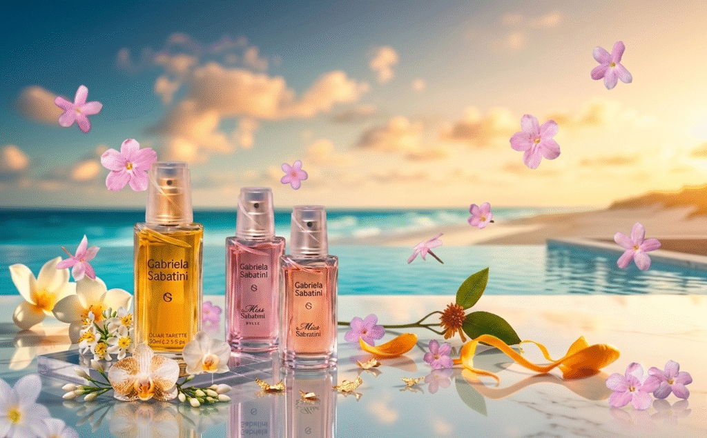 A beautifully styled 30ml bottle of Gabriela Sabatini perfume placed elegantly on a reflective surface, showcasing its unique design and vibrant colors. In the foreground, subtle fragrant flowers like jasmine and citrus peels surround the bottle, hinting at the perfume’s fresh notes. The middle ground features a soft-focus ambiance of different climate environments, such as a sunny beach and a serene forest, illustrating the versatility of the fragrance. The background displays a gentle gradient transitioning from warm gold to cool azure, simulating various weather conditions. Soft, natural lighting highlights the contours of the bottle, creating an inviting and fresh atmosphere. Shot with a slightly angled perspective to enhance depth, the overall mood is elegant and crisp, inviting viewers to explore the essence of perfume. A beautifully styled 30ml bottle of Gabriela Sabatini perfume placed elegantly on a reflective surface, showcasing its unique design and vibrant colors. In the foreground, subtle fragrant flowers like jasmine and citrus peels surround the bottle, hinting at the perfume’s fresh notes. The middle ground features a soft-focus ambiance of different climate environments, such as a sunny beach and a serene forest, illustrating the versatility of the fragrance. The background displays a gentle gradient transitioning from warm gold to cool azure, simulating various weather conditions. Soft, natural lighting highlights the contours of the bottle, creating an inviting and fresh atmosphere. Shot with a slightly angled perspective to enhance depth, the overall mood is elegant and crisp, inviting viewers to explore the essence of perfume.