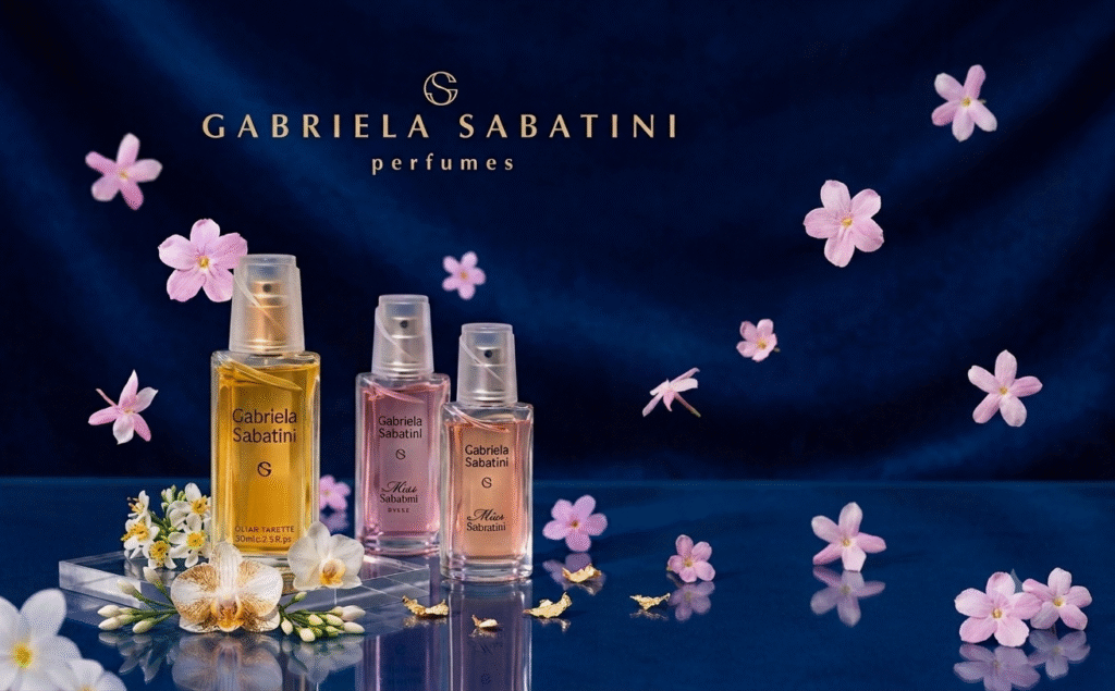 A sophisticated setting featuring a beautifully designed bottle of "Senhorita Gabriela Sabatini Original" perfume. In the foreground, the elegant bottle is placed on a reflective surface, showcasing its intricate design and soft pastel colors. The background softly blurred reveals a lush, vibrant garden with blooming flowers that evoke a sense of freshness and femininity. The lighting is warm and inviting, highlighting the bottle while casting gentle shadows. The angle is slightly above, providing a flattering view of the perfume bottle, with soft bokeh effects adding a dreamy atmosphere. The overall mood is elegant and refined, capturing the essence of the fragrance's charm and allure. Opinião dos consumidores