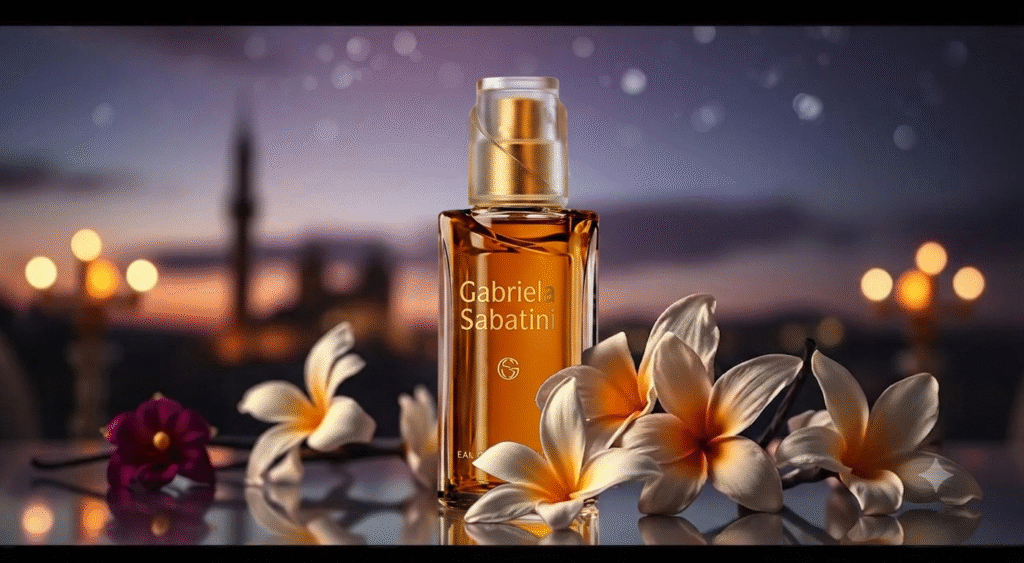 A luxurious bottle of Gabriela Sabatini Night perfume prominently displayed in the foreground, glimmering softly under warm, ambient lighting that enhances its elegant design. The perfume bottle is adorned with subtle, intricate patterns reflecting a night sky theme, radiating sophistication. In the middle ground, a delicate silk scarf lies gently draped, and velvety roses in deep hues of violet and black add a touch of romance and allure. The background features a softly blurred nocturnal setting, with twinkling stars and a crescent moon to evoke an evening ambiance, creating an intimate atmosphere. The overall mood is enchanting and sophisticated, perfect for conveying the long-lasting impact of this perfume. The angle is slightly tilted to capture the essence of depth, emphasizing the richness of the scene without any text or watermarks. Intensidade e Notas que Permanecem