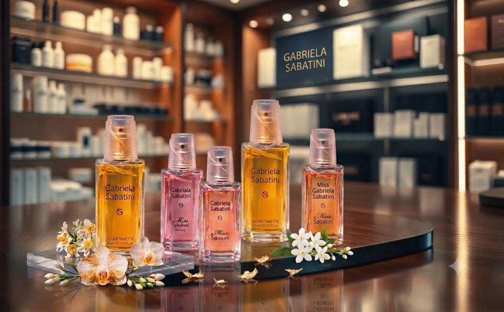 A beautifully arranged display of Gabriela Sabatini 30ml perfume bottles on a polished wooden table, emphasizing the elegant, iconic design of the perfume bottle with its delicate curves and signature cap. Soft, ambient lighting illuminates the scene, creating a warm and inviting atmosphere. In the background, shelves filled with luxurious skincare products and stylish packaging hint at a high-end retail environment. The angle captures the perfume bottle in sharp focus, while the background is slightly blurred to draw attention to the product. The overall mood is sophisticated and chic, evoking a sense of desire for quality and luxury, perfect for shoppers looking for trustworthy places to buy fragrances. A beautifully arranged display of Gabriela Sabatini 30ml perfume bottles on a polished wooden table, emphasizing the elegant, iconic design of the perfume bottle with its delicate curves and signature cap. Soft, ambient lighting illuminates the scene, creating a warm and inviting atmosphere. In the background, shelves filled with luxurious skincare products and stylish packaging hint at a high-end retail environment. The angle captures the perfume bottle in sharp focus, while the background is slightly blurred to draw attention to the product. The overall mood is sophisticated and chic, evoking a sense of desire for quality and luxury, perfect for shoppers looking for trustworthy places to buy fragrances.
