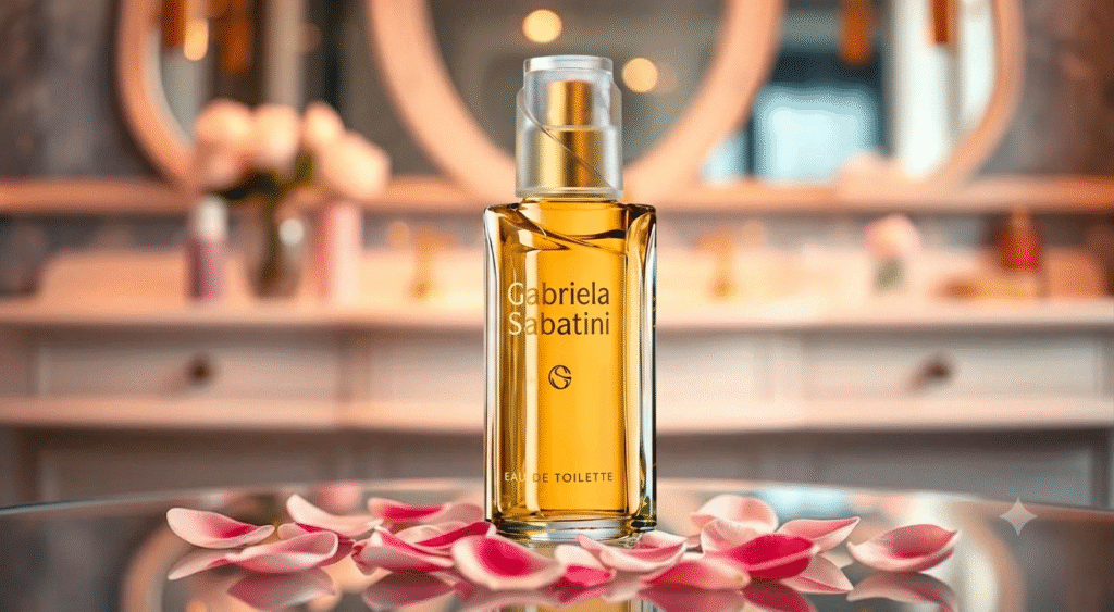 A close-up of a beautifully designed bottle of Gabriela Sabatini's perfume "Devotion" displayed on a reflective surface. The bottle, featuring elegant curves and a golden cap, is surrounded by delicate white flowers and subtle hints of green leaves, creating a fresh and inviting atmosphere. Soft, warm lighting highlights the bottle's intricate details and reflects off the surface below. In the background, a blurred elegant vanity setup with a hint of a lavish lifestyle can be seen, enhancing the allure of the fragrance. The scene conveys opulence and sophistication, evoking a sense of luxury and desire, while maintaining a serene and inviting vibe suitable for a perfume analysis. Onde encontrar o melhor preço
