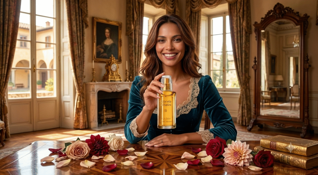 A beautifully arranged display of the Gabriela Sabatini Devotion perfume bottle in various settings, reflecting its versatility for different occasions. In the foreground, the elegant, gold-accented bottle sits on a polished wooden table, with soft, diffused sunlight highlighting its curves. In the middle ground, three scenes depict diverse occasions: a romantic dinner with candlelight and roses, a professional office setting with subtle floral accents, and a casual outdoor picnic with vibrant sunlight and green grass. The background features a soft focus of a dreamy, pastel-colored sky, evoking a sense of desire and elegance. The overall mood is sophisticated yet approachable, emphasizing the fragrance's adaptability. The lighting is warm and inviting, using a soft lens effect to enhance the serene atmosphere. A beautifully arranged display of the Gabriela Sabatini Devotion perfume bottle in various settings, reflecting its versatility for different occasions. In the foreground, the elegant, gold-accented bottle sits on a polished wooden table, with soft, diffused sunlight highlighting its curves. In the middle ground, three scenes depict diverse occasions: a romantic dinner with candlelight and roses, a professional office setting with subtle floral accents, and a casual outdoor picnic with vibrant sunlight and green grass. The background features a soft focus of a dreamy, pastel-colored sky, evoking a sense of desire and elegance. The overall mood is sophisticated yet approachable, emphasizing the fragrance's adaptability. The lighting is warm and inviting, using a soft lens effect to enhance the serene atmosphere.