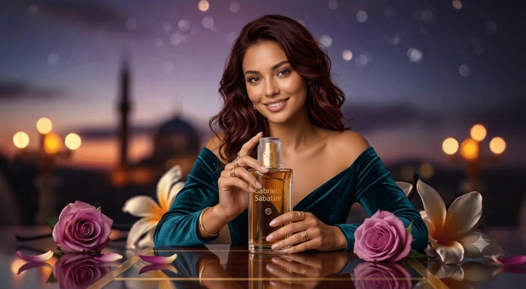 A beautifully arranged still life featuring the bottle of "Gabriela Sabatini Original" perfume at the forefront, showcasing its elegant curves and distinctive design. The bottle is positioned against a soft, blurred background filled with hints of floral elements, capturing the essence of the fragrance. The lighting is warm and inviting, casting gentle highlights on the glass, emphasizing its rich, golden liquid inside. A delicate veil of mist surrounds the bottle, hinting at the perfume's alluring aroma. In the middle ground, subtle hints of jasmine and fruit notes can be seen artistically represented through soft petals and fruits, creating an atmosphere of sophistication and allure. The overall mood is enchanting and luxurious, inviting the viewer to explore the scent's character. A beautifully arranged still life featuring the bottle of "Gabriela Sabatini Original" perfume at the forefront, showcasing its elegant curves and distinctive design. The bottle is positioned against a soft, blurred background filled with hints of floral elements, capturing the essence of the fragrance. The lighting is warm and inviting, casting gentle highlights on the glass, emphasizing its rich, golden liquid inside. A delicate veil of mist surrounds the bottle, hinting at the perfume's alluring aroma. In the middle ground, subtle hints of jasmine and fruit notes can be seen artistically represented through soft petals and fruits, creating an atmosphere of sophistication and allure. The overall mood is enchanting and luxurious, inviting the viewer to explore the scent's character.