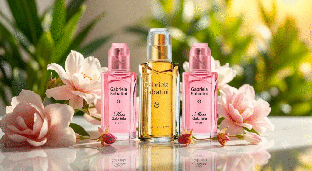 A beautifully arranged online perfume display, featuring elegant glass bottles inspired by the essence of Gabriela Sabatini. In the foreground, showcase an assortment of delicate, curved bottles in soft pastel colors, each reflecting light with a subtle sheen. The middle ground should include a stylish laptop open to a vibrant online perfume shop, with floral and fruity notes indicated through artistic visuals. In the background, soft bokeh effects depicting a bright, airy ambiance that evokes a sense of luxury and sophistication. The scene should be well-lit, with warm natural light filtering from a window, creating an inviting atmosphere. The overall mood is fresh, alluring, and chic, perfect for a contemporary online shopping experience. Perfumes de perfumaria online que replicam o aroma Gabriela Sabatini