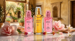 A beautifully arranged assortment of popular female perfumes displayed on an elegant vanity table. In the foreground, a variety of perfume bottles in different shapes and colors - some with intricate designs, others with minimalist aesthetics. Each bottle glistens under soft, diffused lighting, enhancing the vibrant hues of the liquids inside. The middle ground features delicate floral elements and small decorative objects, adding a touch of femininity and sophistication. In the background, a softly blurred mirror reflects the scene, creating an inviting atmosphere. The setting is warm and modern, evoking a sense of luxury yet remaining accessible. Capture this scene from a slightly elevated angle to emphasize the collection, with focus on the details of the bottles. Perfumes femininos populares que cabem no bolso