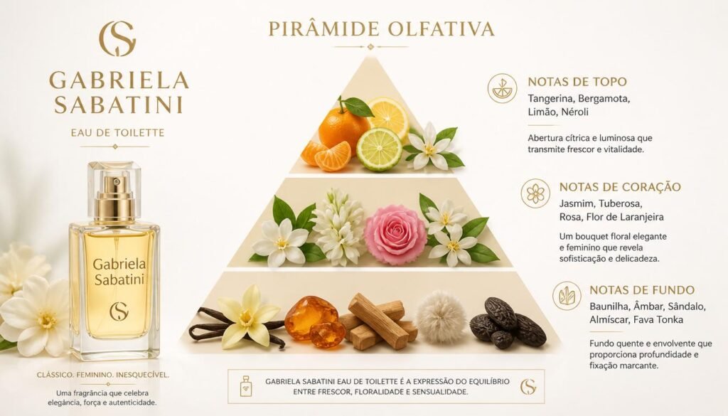 Perfume Gabriela Sabatini Vale a Pena em 2026? 4 Pirâmide olfativa do perfume Gabriela Sabatini com notas de topo coração e fundo